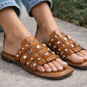 Vince Camuto Neverna Studded Slide Sandals – Cognac Leather Woven Straps